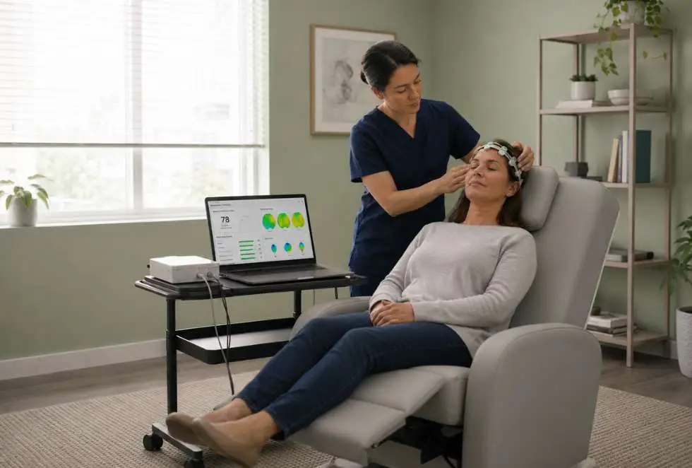 Clinician adjusting head sensors while a patient sits near a laptop with brain performance data for Health Builders cognitive assessment services in Annandale