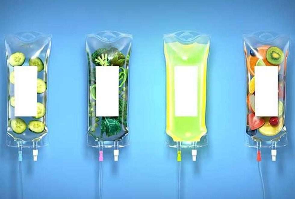Four IV nutrition therapy bags with nutrient and fruit imagery for Health Builders IV services in Annandale
