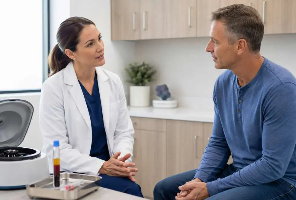 Clinician speaking with a male patient beside PRP preparation materials for erectile dysfunction treatment questions at Health Builders in Annandale