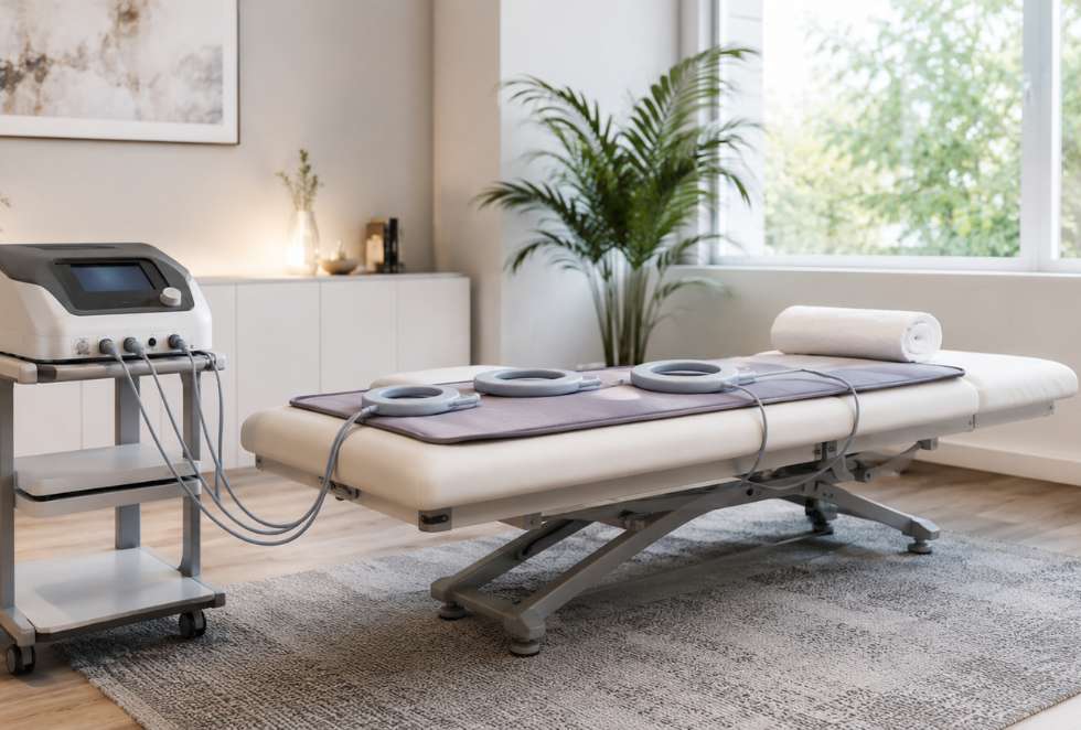 Pulsed Electromagnetic Field Therapy equipment with treatment table and device console for Health Builders patients in Annandale
