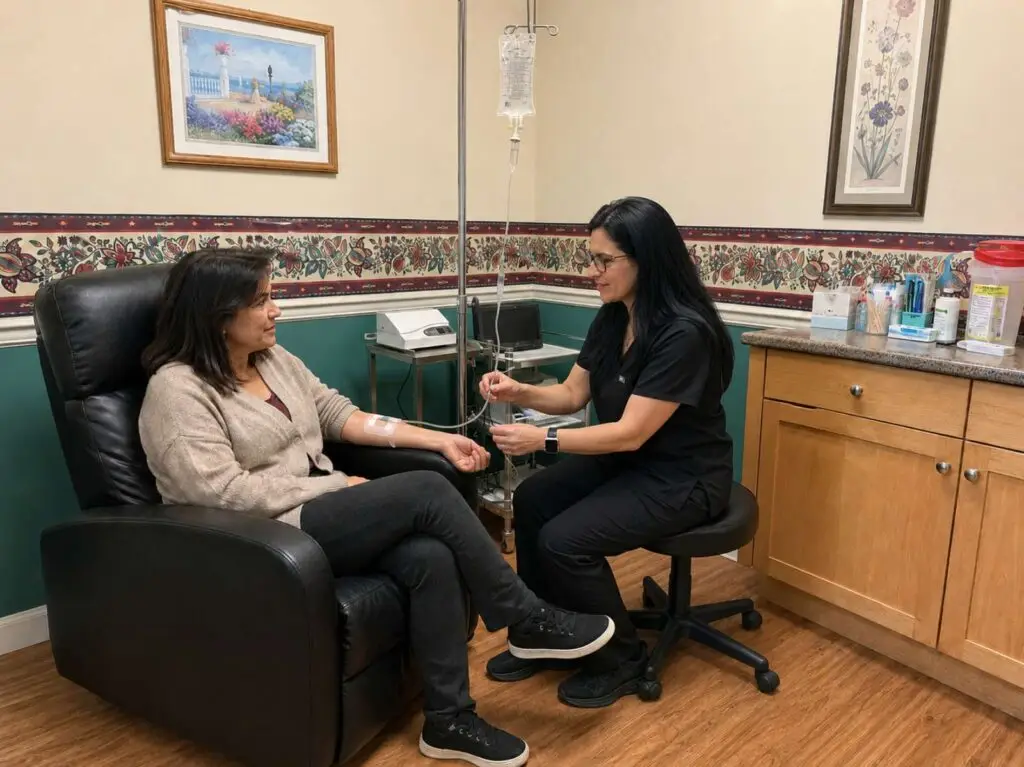 Anna Sarkisov, RN monitoring a patient’s IV infusion treatment at Health Builders in Annandale, Virginia.
