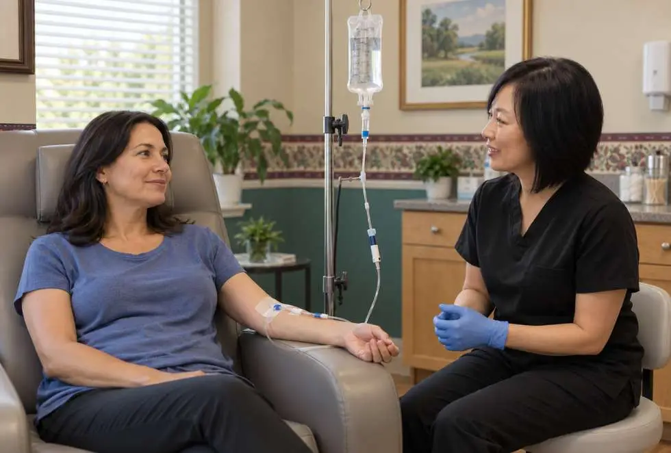 Illustrative clinical scene of a woman receiving IV chelation therapy for heavy metal exposure under medical supervision